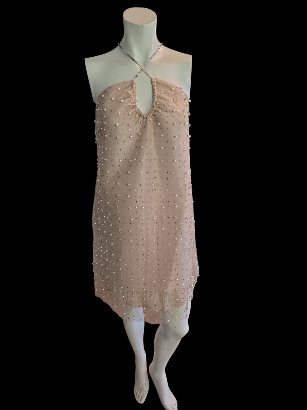 Pearl And Rhinestone-Embellished Blush Mini Dress with Halter Neck